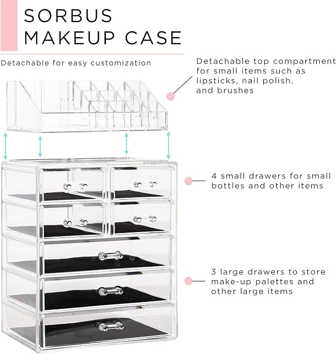 Sorbus Acrylic Makeup Organizer Set, 7-Drawer Vanity & Countertop Cosmetic - Image 2