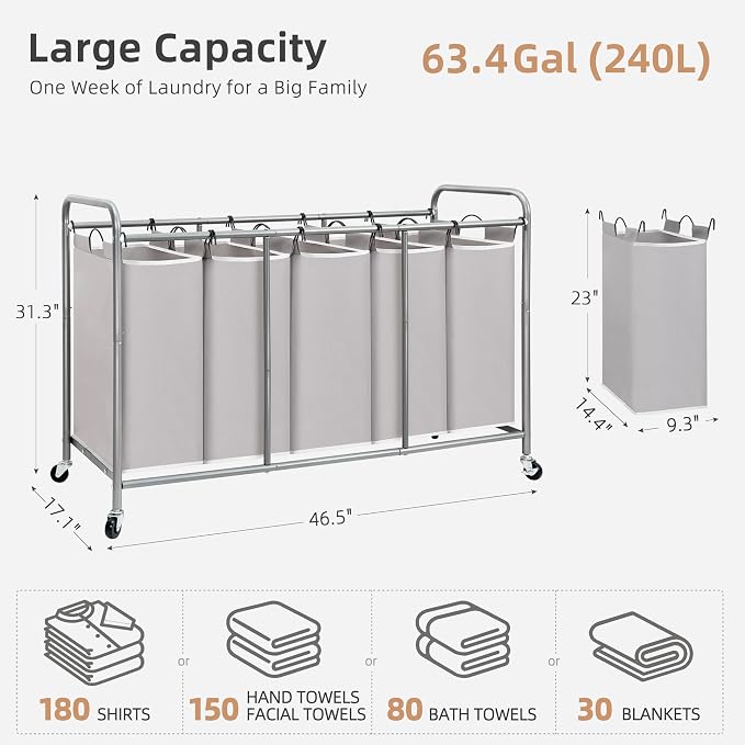 STORAGE MANIAC 5 Section Laundry Sorter, 5 Bins Rolling Separator Laundry Basket - Image 4