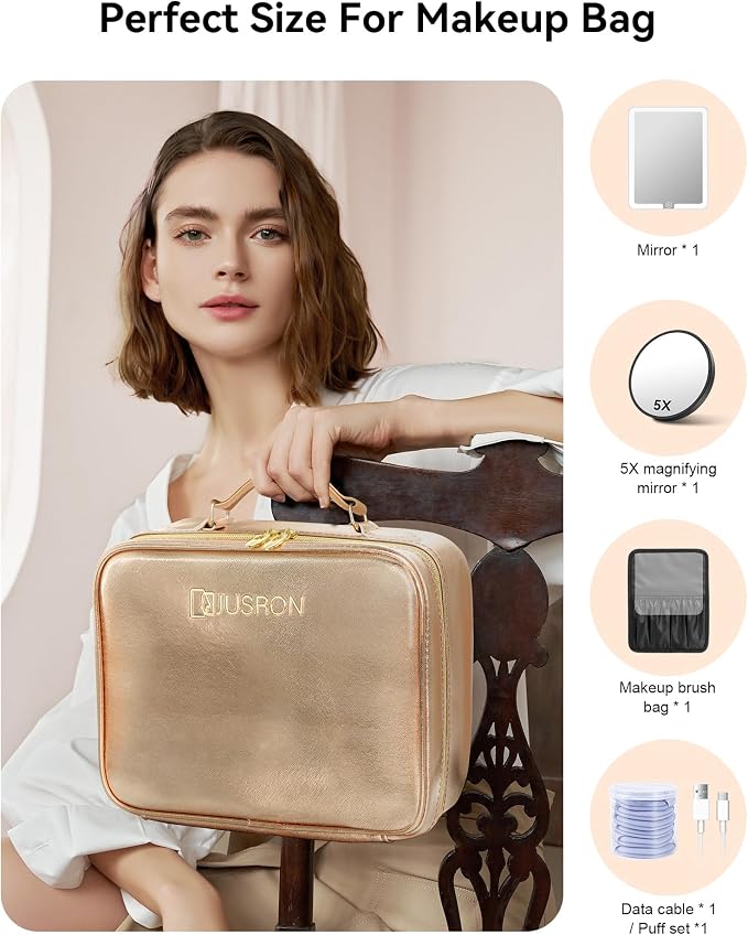 JUSRON Travel Makeup Bag With LED Mirror, Cosmetic Train Case with Light up - Image 5