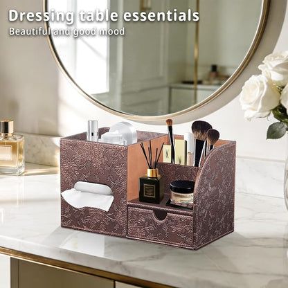 YAPISHI Tissue Box Cover with Storage Tray and Drawer, PU Leather Square Tissue - Image 6