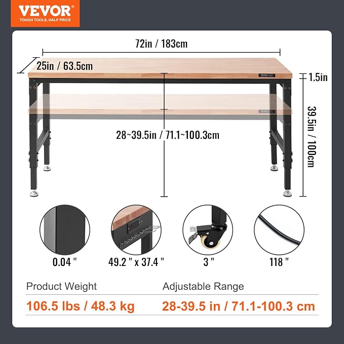 VEVOR Workbench for Garage 72" Adjustable Workbench, Heavy-Duty Hardwood - Image 7