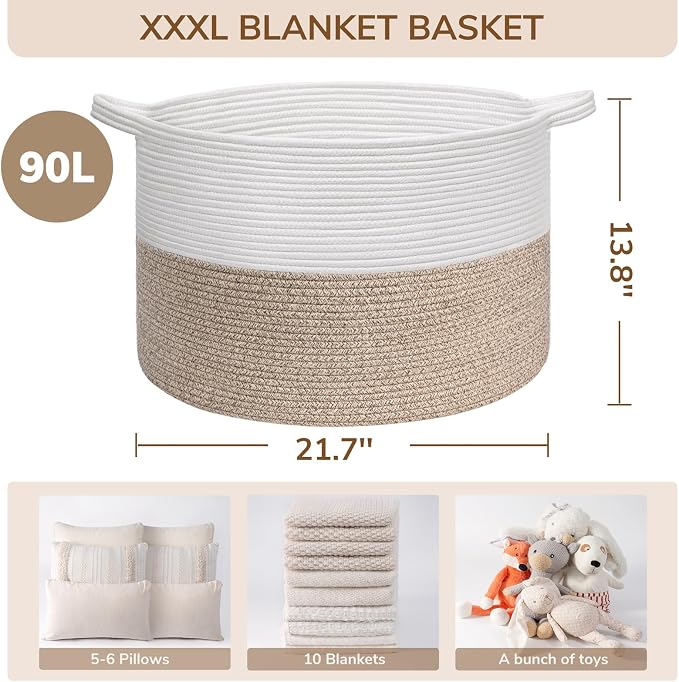 INDRESSME Large Laundry Basket, 21.7'' x 13.8'' Cotton Rope Blanket Basket - Image 3