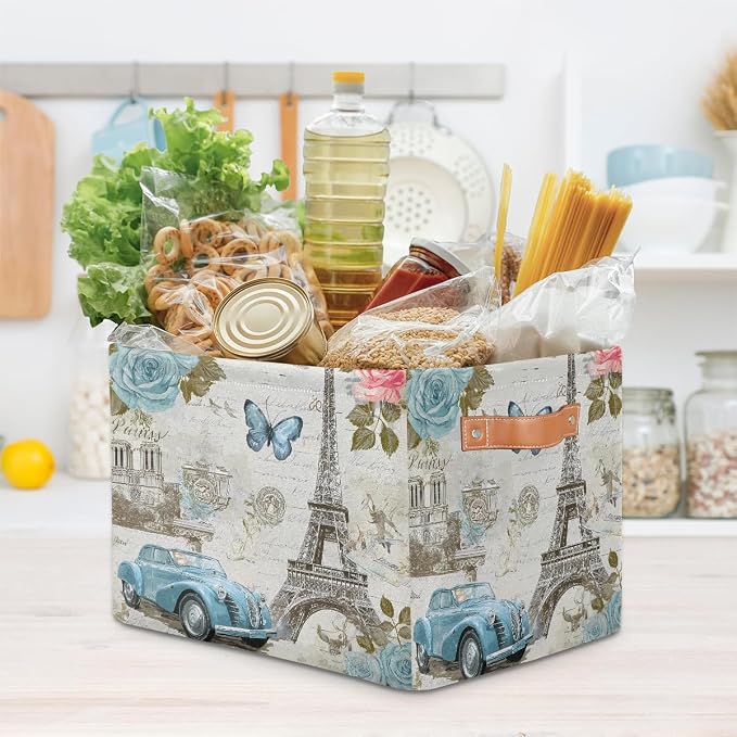 Storage Basket Vintage Paris Eiffel Tower Rose Flower Old Car Storage Cube Box - Image 8