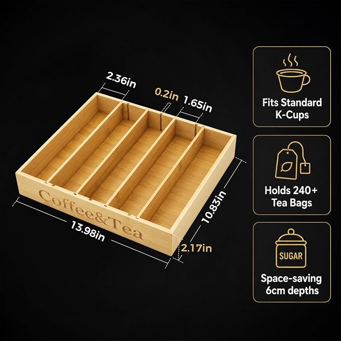 MinBoo Premium Bamboo Coffee Station & Tea Bag Organizer Box -7 Adjustable Slots - Image 3