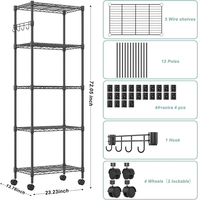 Himimi 5-Tier Wire Shelving Unit on Wheels, Adjustable Heavy Duty Metal Shelves - Image 3