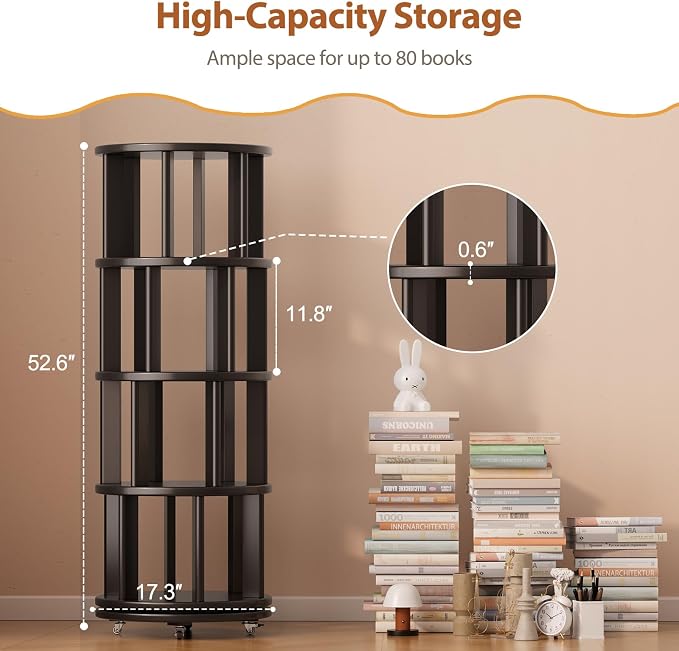 Solid Wood Rotating Bookshelf on Wheels, 4 Tier, Round Revolving Bookcase - Image 2