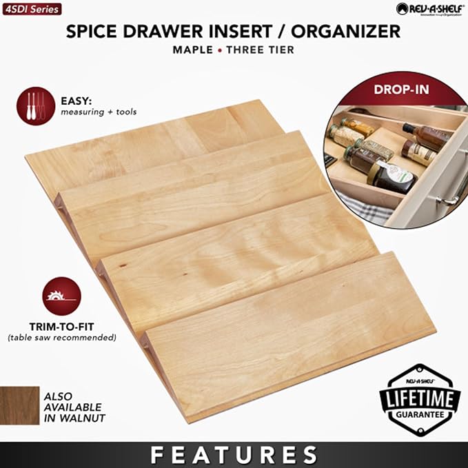 Rev-A-Shelf 3-Tier Wood Trim-to-Custom-Fit Spice Rack Drawer Insert, Maple - Image 3