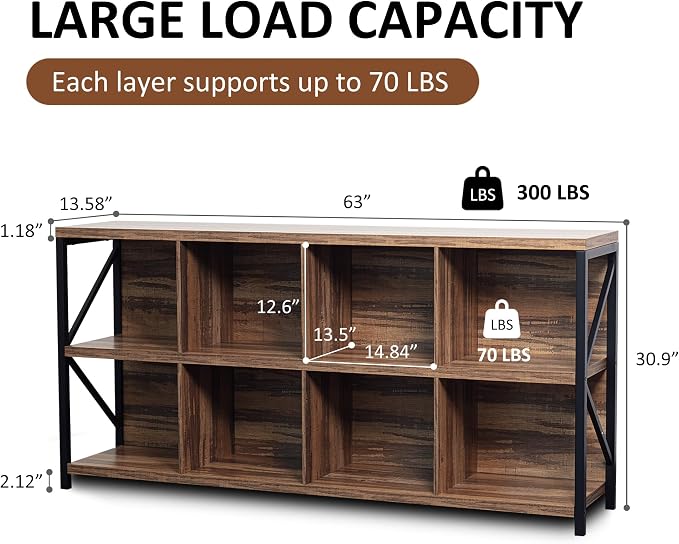 8 Cube Storage Organizer Bookshelf, Industrial Horizontal Bookcase, Accent - Image 2