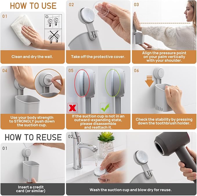 LEVERLOC Powerful Suction Cup Toothbrush Holder, Drill-Free Wall Shower Holder - Image 7