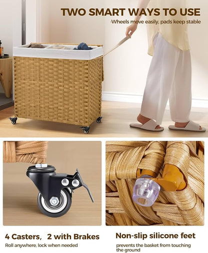 Greenstell Laundry Hamper with Wheels&Lid, 130L Large 3 Sections Clothes Hamper - Image 3