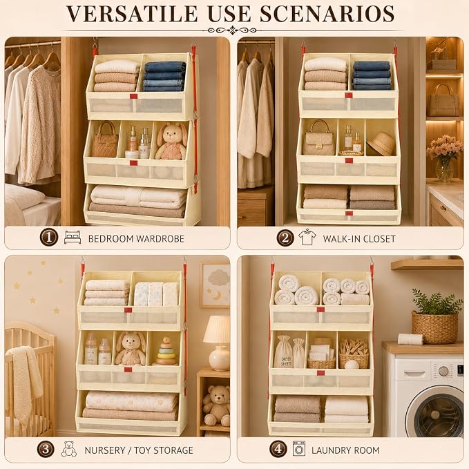 Fabric Hanging Closet Organizer Heavy Duty Shelf Hanging Storage Towel Clothes - Image 7