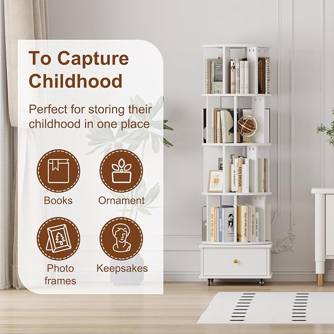 4-Tier Rotating Bookshelf with Drawers on Wheels, 360° Spinning Corner Bookcase - Image 4