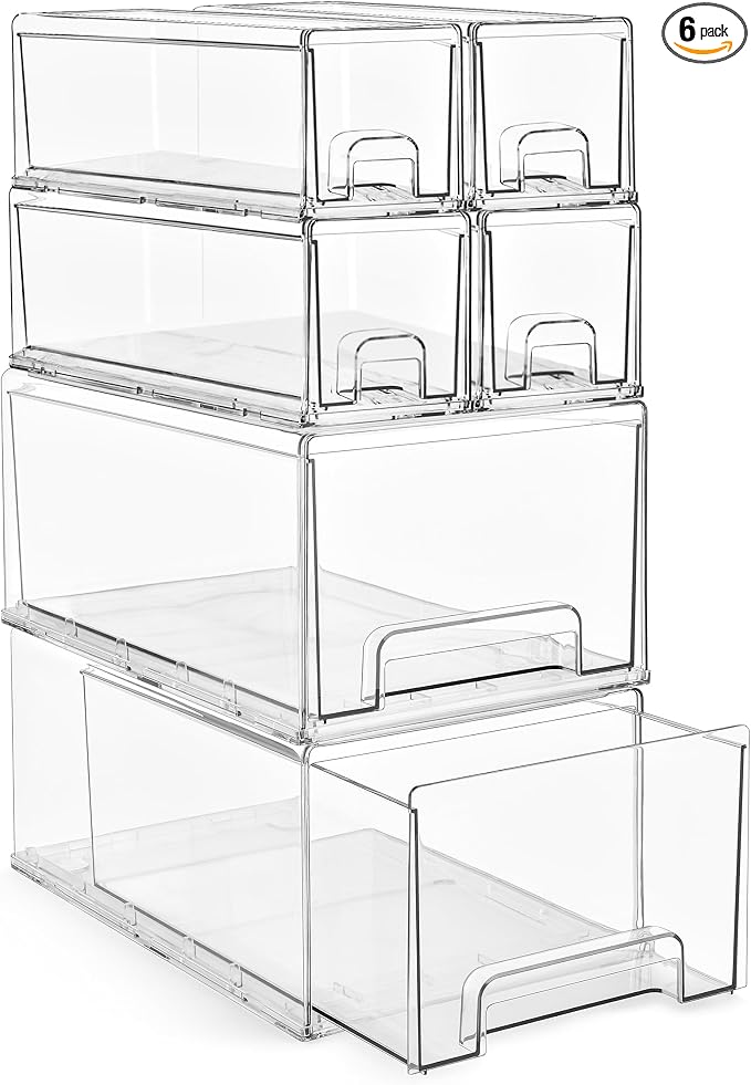 Sorbus 2 Large & 4 Small Clear Stackable Storage Drawers – Plastic Organizer by Sorbus