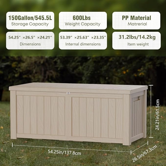 150 Gallon Outdoor Storage Box Waterproof Lockable Resin Deck Box Large - Image 2
