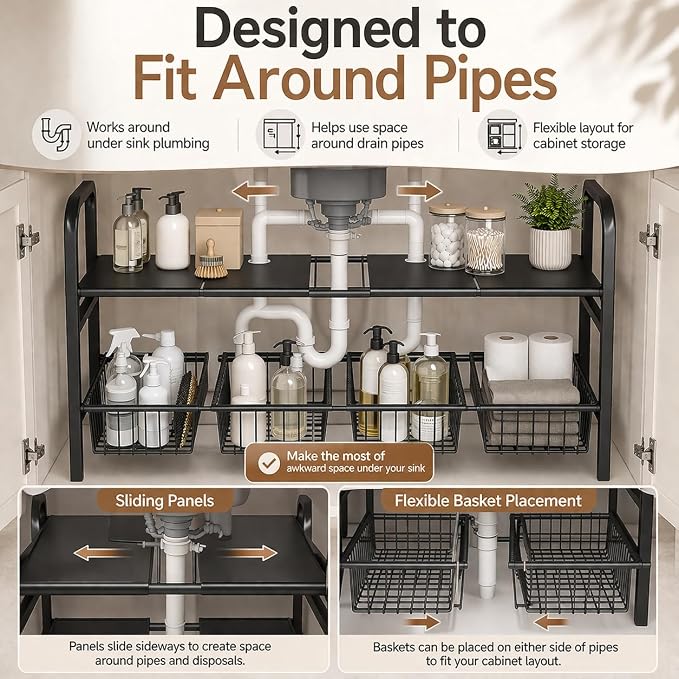 Under Sink Organizer, Expandable 2 Tier Storage Rack, 26.8" to 35.8" Adjustable - Image 4