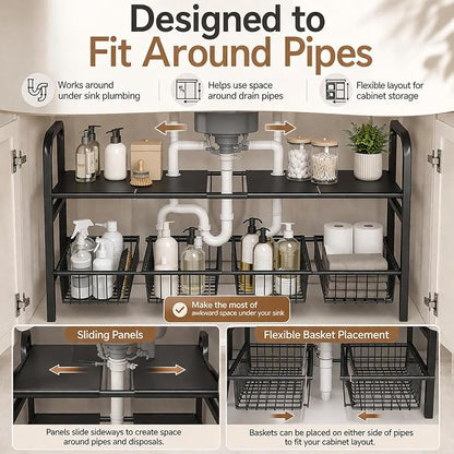 Under Sink Organizer, Expandable 2 Tier Storage Rack, 26.8" to 35.8" Adjustable - Image 4