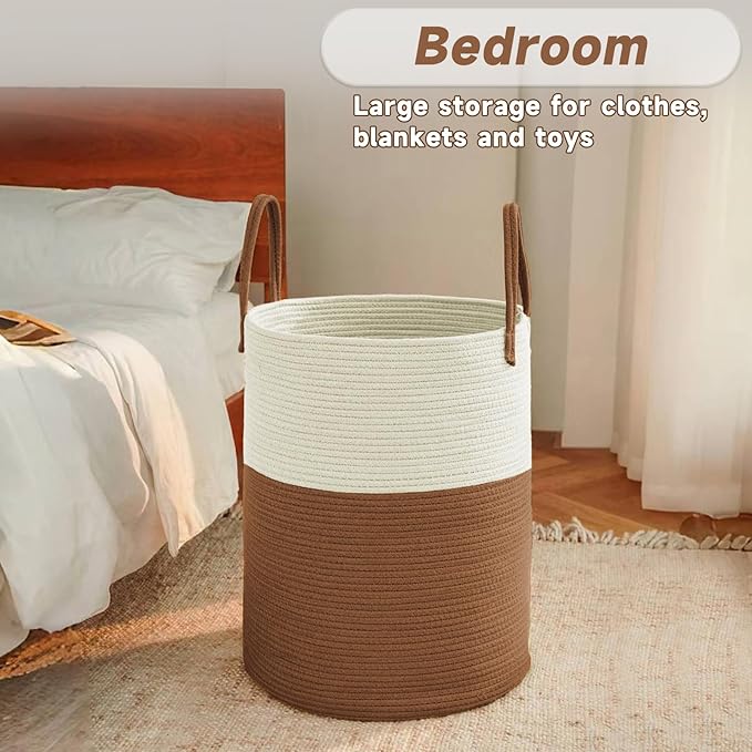 Large Woven Laundry Basket Hamper, 60L Cotton Rope Storage Bin - Image 4