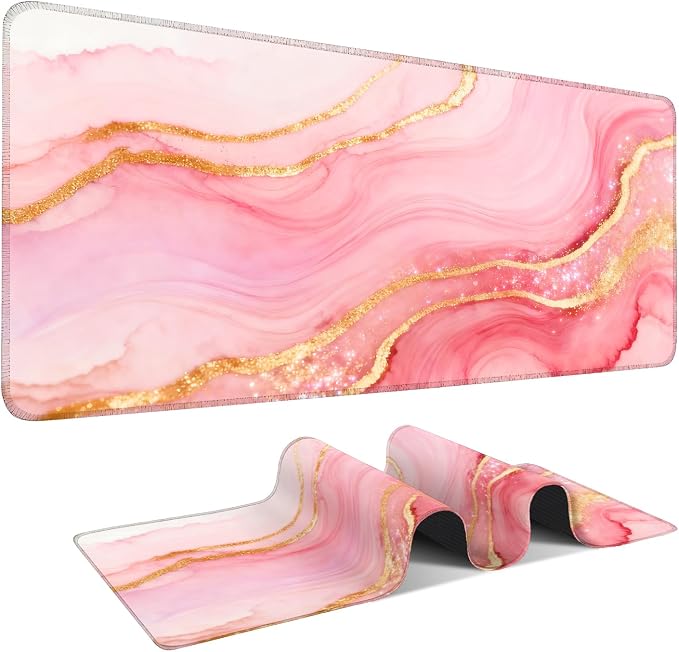 Pink and Gold Stripes Gaming Mouse Pad 35.4"x15.7"Desk Mat Anti-Slip Rubber by ANNAQUEEN