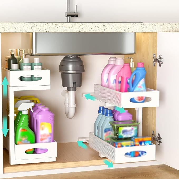 Under Sink Organizer, 2 Pack 2 Tier Metal Slide Out Pull Out Cabinet Organizer by Beleeb