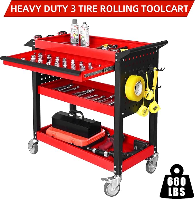 3 Tier Tool Cart on Wheels, Heavy Duty Metal Rolling - Image 3