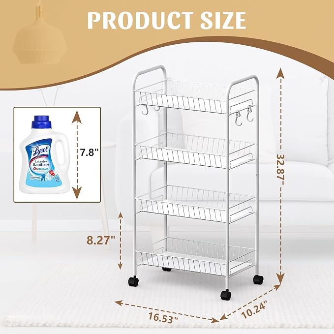 PLKOW 4-Tier Metal Rolling Utility Cart, Living Room, Lightweight Organizer Cart - Image 3
