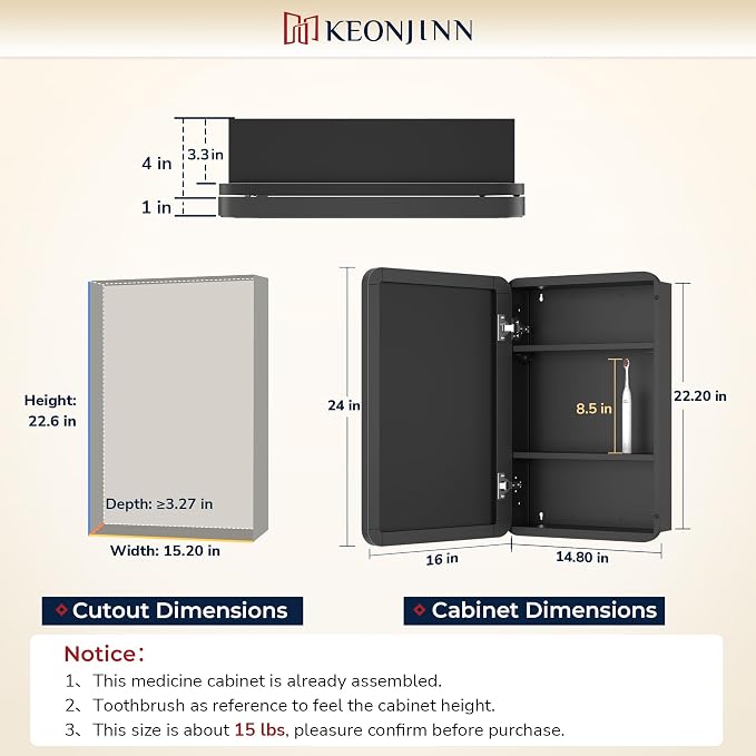 Keonjinn 16" x 24" Black Medicine Cabinet Mirror, Stainless Steel Framed | - Image 2