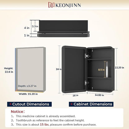 Keonjinn 16" x 24" Black Medicine Cabinet Mirror, Stainless Steel Framed | - Image 2
