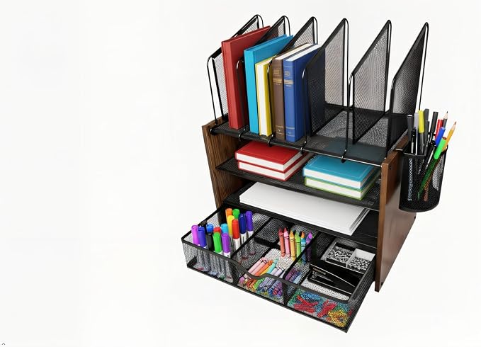 4-Tier Wood & Metal Desk Organizer – Vertical File Tray, Pen Holder & Drawer | - Image 5