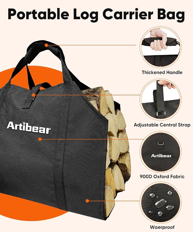 28 Inch Firewood Rack with 900D Canvas Log Carrier Bag, Outdoor Indoor Log - Image 4