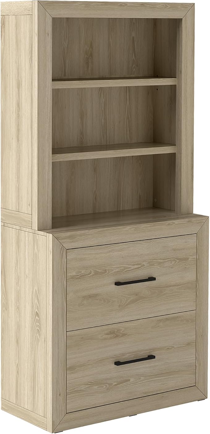 Multi-Depth Bookcase with 2 File Drawers, Bookshelves Floor Standing 3 Tier by OrtelloHome