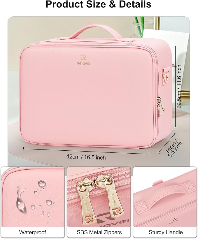 Relavel Large Makeup Case with LED Mirror, Train Cosmetic Case with Separate - Image 2
