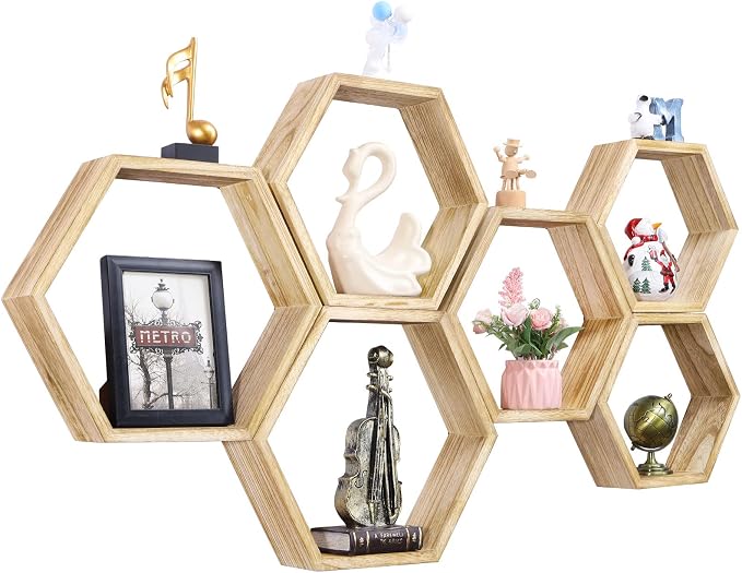 NOVIMANGO Hexagonal Floating Shelves Set of 6, Honeycomb Shelves | Hexagon by NORCEESAN