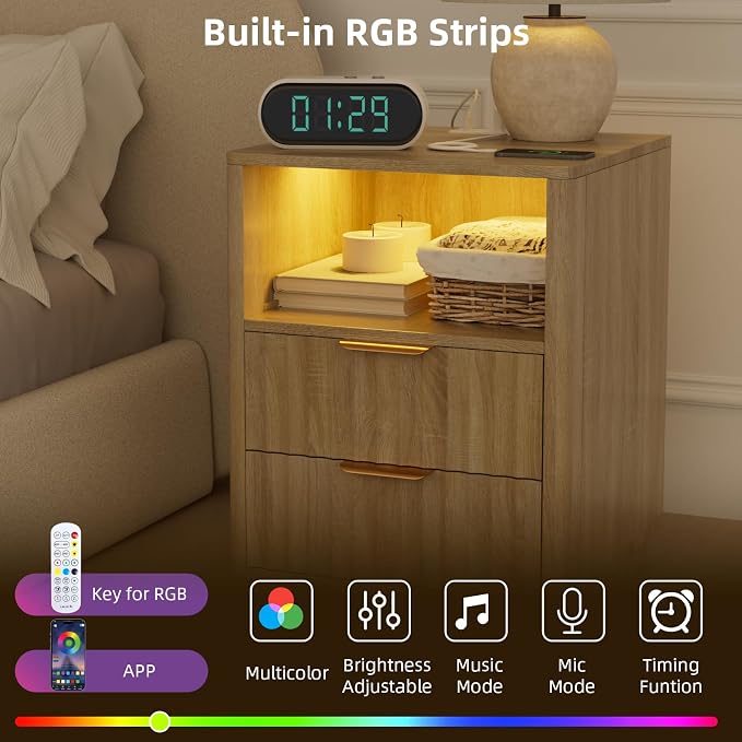 VOWNER Fluted Nightstand with Charging Station, 18” RGB Night Stand with 2 - Image 4