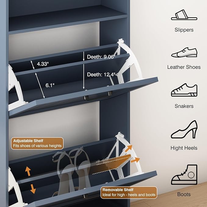 Shoe Storage Cabinet with 2 Flip Drawers, Narrow Slim Shoe Organizer - Image 3