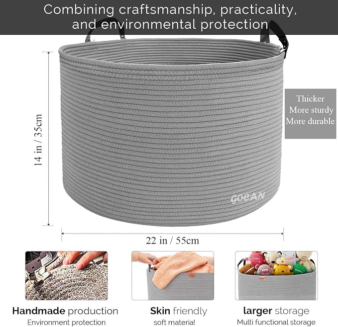 Extra Large Storage Laundry Basket 22" X 22"X 14" Cotton Rope Woven Basket - Image 3
