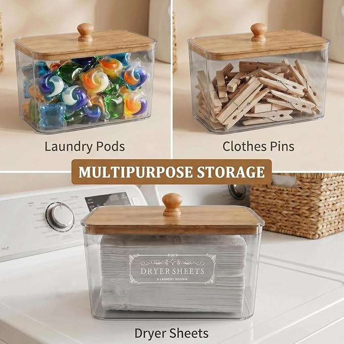 Dryer Sheet Holder with Bamboo Lid, Acrylic Laundry Clear Dryer Sheets - Image 8