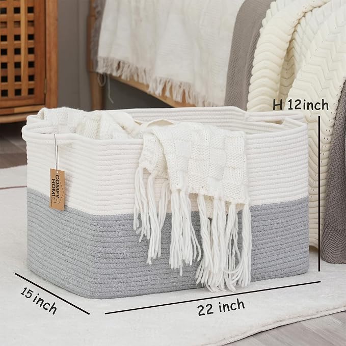 COMFY-HOMI Large Rectangle Laundry Storage Basket | Cotton Rope Woven, - Image 4