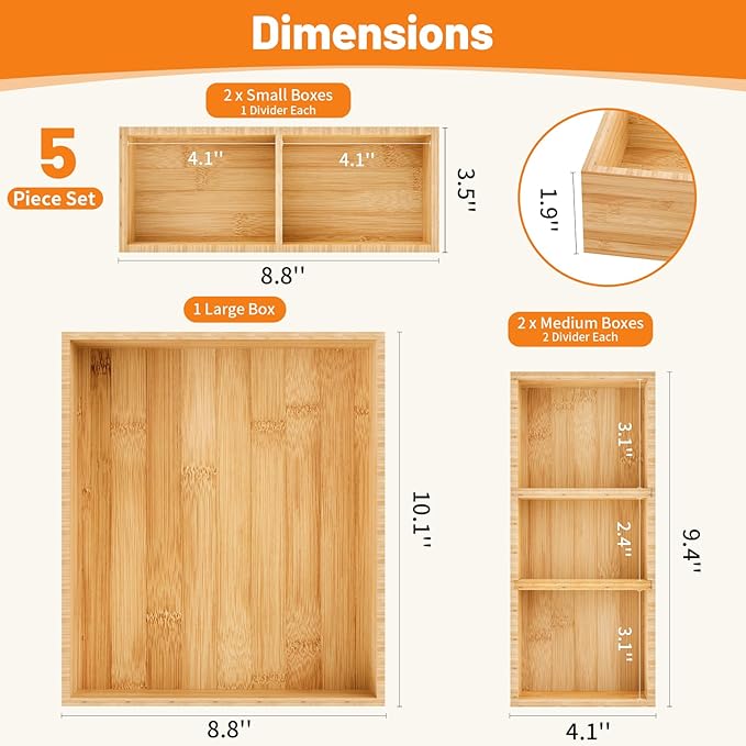SpaceWhisper Bamboo Drawer Organizer, 5-Piece Drawer Divider - Image 2