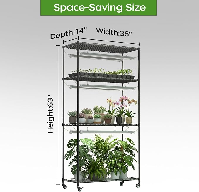 Plant Stand with Grow Lights, Indoor Plant Shelf with Wheels | 36"x14"x63" - Image 2