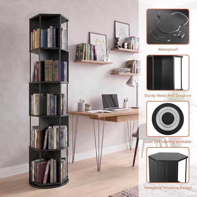 VIWODS Rotating Bookshelf, 5 Tier Spinning Bookshelf Tower, Revolving 360° - Image 3
