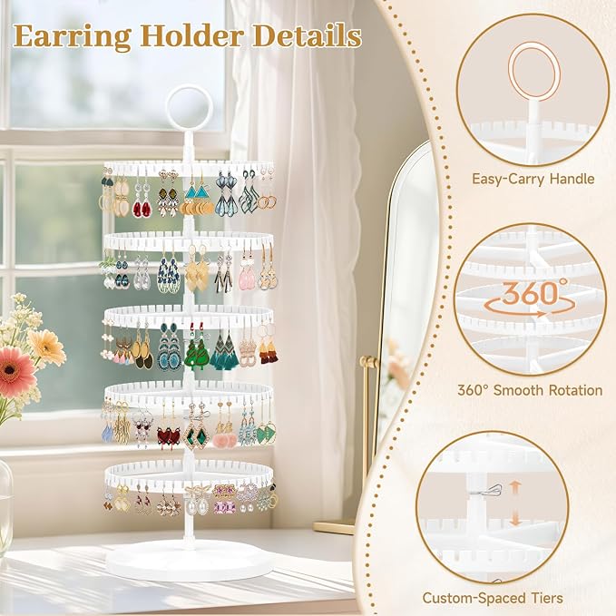 MODOWEY Rotating Earring Holder Organizer Adjustable Display, 5 Tiers White | - Image 4