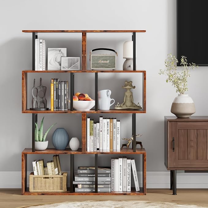 Furologee 5 Tier Bookshelf, S Shaped Geometric Bookcase, Narrow Freestanding - Image 2