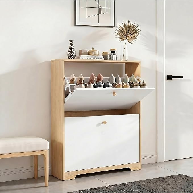 Nicetree Shoe Cabinet with 2 Flip Drawers, Narrow Shoe Organizer Cabinet by Nicetree