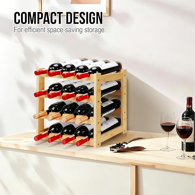 Bamboo Wine Rack, 4-Tier 16 Bottles Wine Storage Cabinet Shelf, Easy-Assembly - Image 7