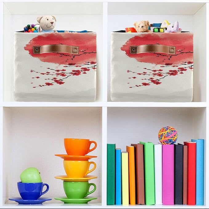Red Plum Blossoms Chinese Ink Style Storage Bins Box Foldable Shelf Basket - Image 6