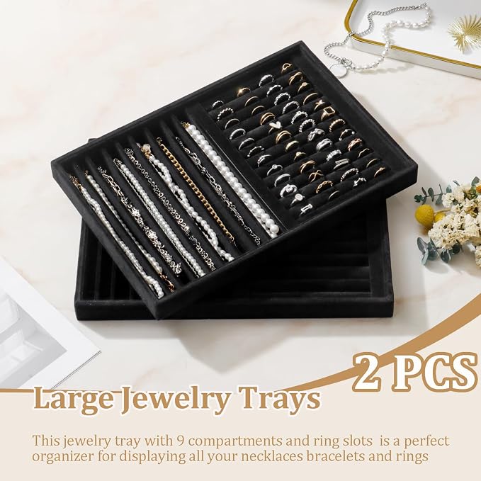 Large Velvet Jewelry Tray 2 Pack Stackable Jewelry Display Drawer Inserts Trays - Image 2