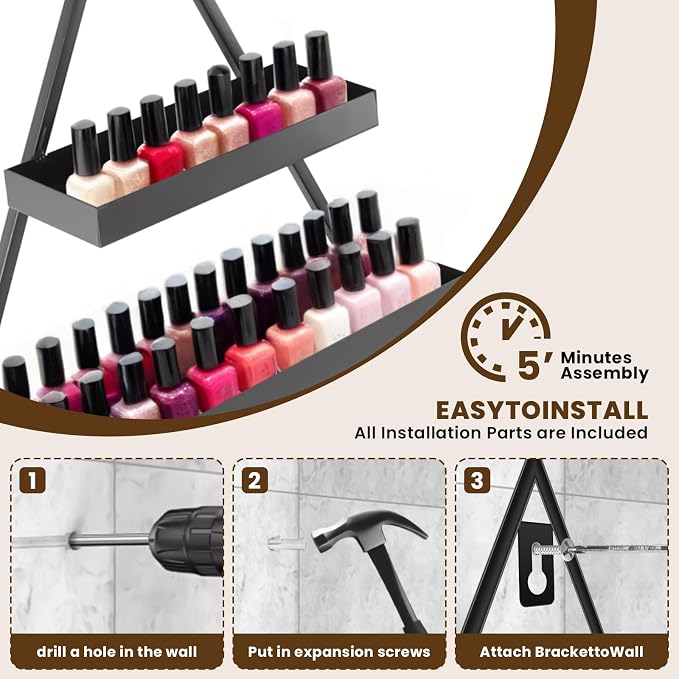 10PCS Nail Polish Rack Wall Mounted Shelf, 5 Tiers Black Triangular Display Rack - Image 5