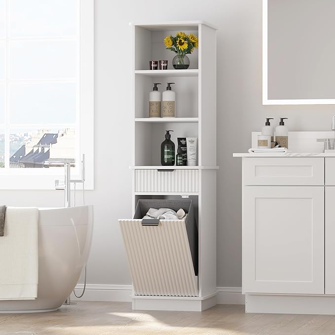White Tilt Out Laundry Hamper Tall Bathroom Storage Cabinet Hidden Laundry by Mepplzian