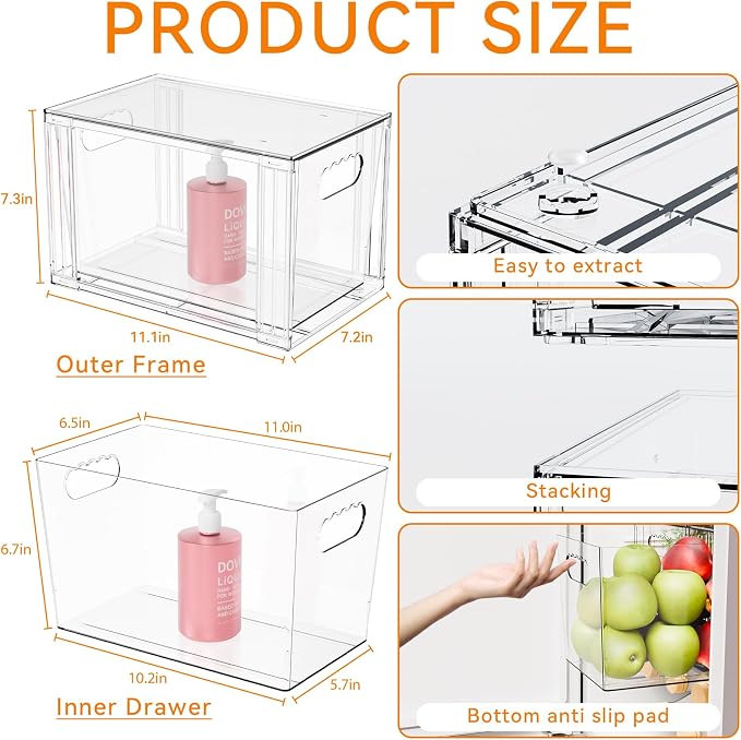 Yieach 4 Pack Large Stackable Storage Drawers, 11″Deep Under Cabinet Organizer - Image 3