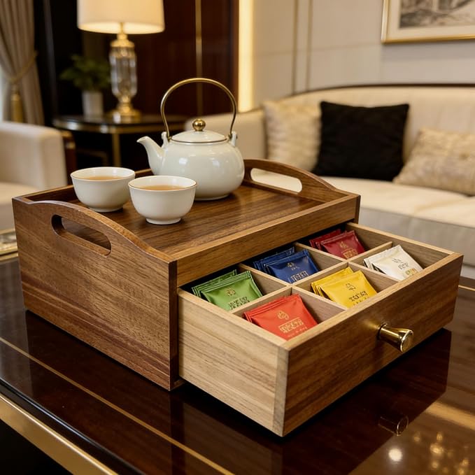Acacia Wood Tea Bag Organizer, Wooden Storage Box - Image 5